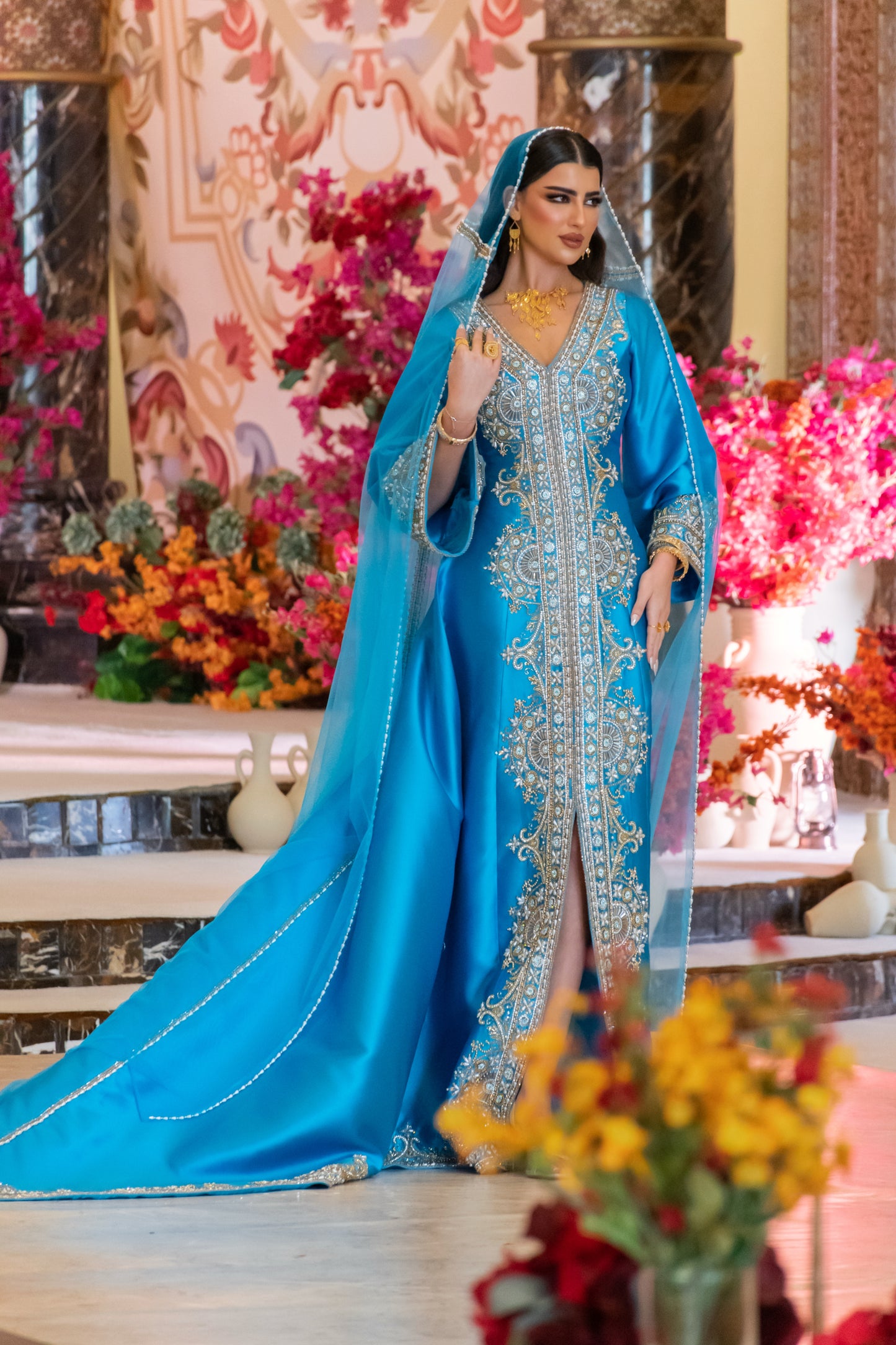 Fully Embroidered Royal Turquoise Gown