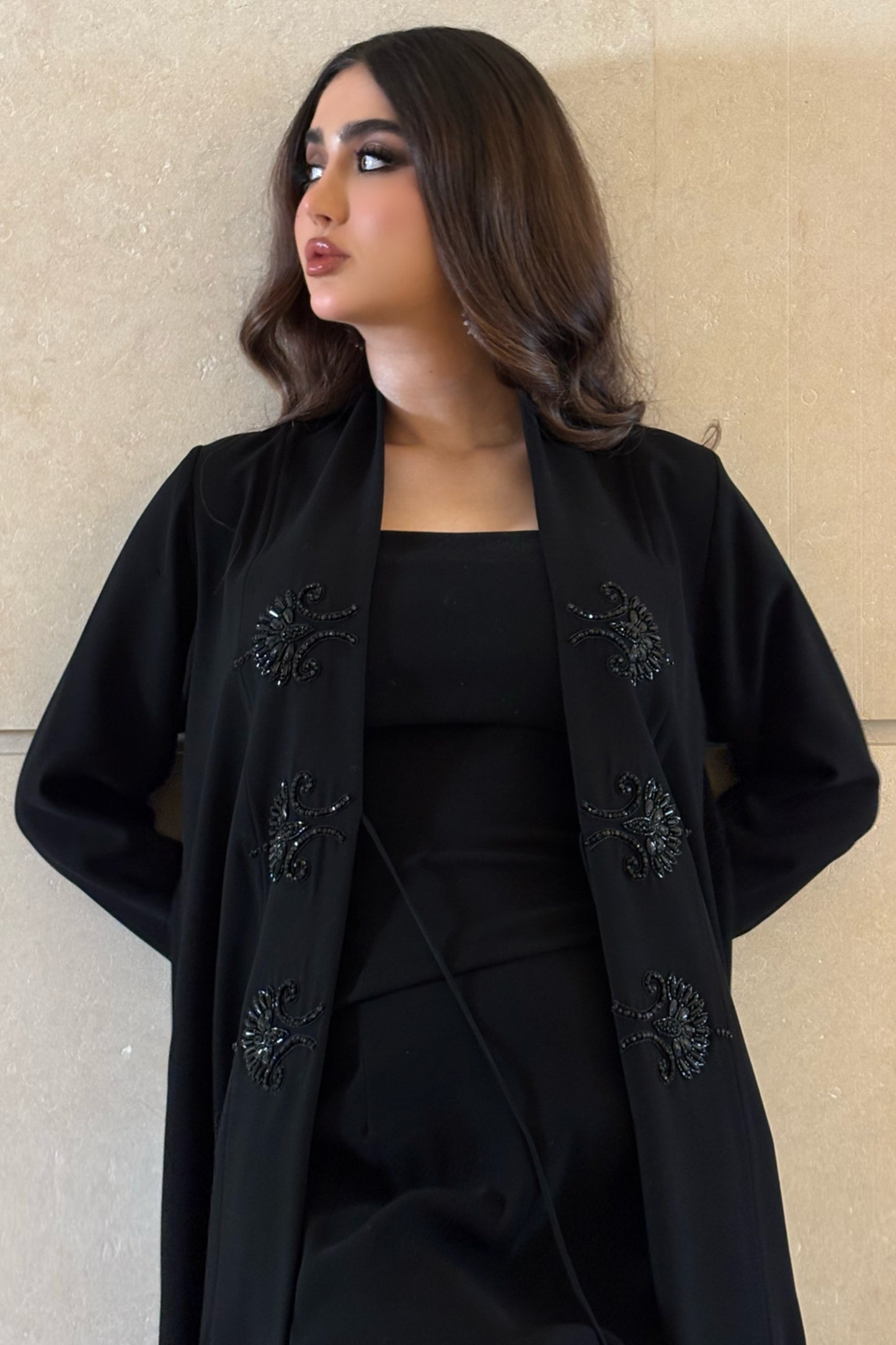 Black Crepe Abaya with Crystal Embroidery