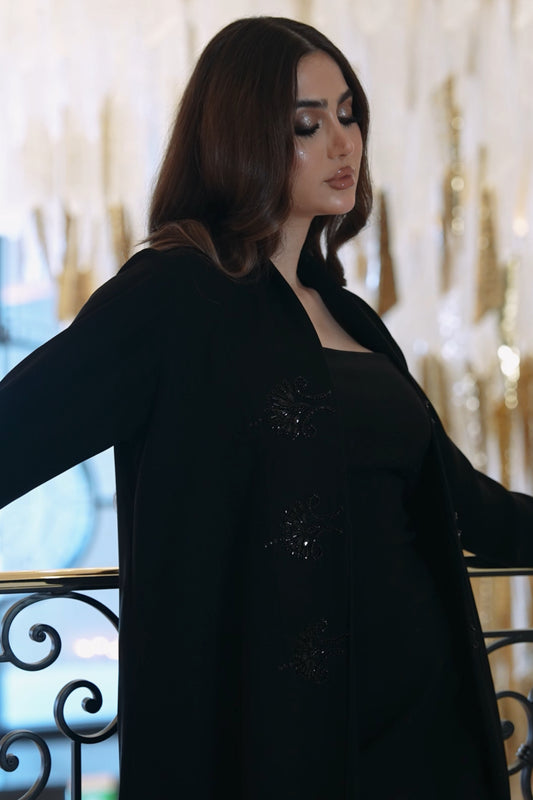 Black Crepe Abaya with Crystal Embroidery