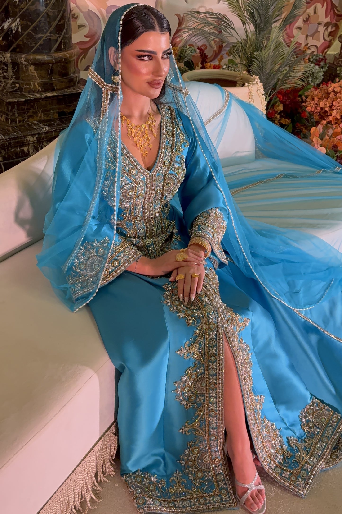Fully Embroidered Royal Turquoise Gown