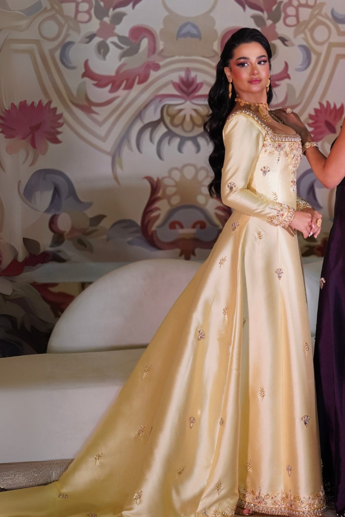 Light Yellow Embroidered Long-Sleeve Dress