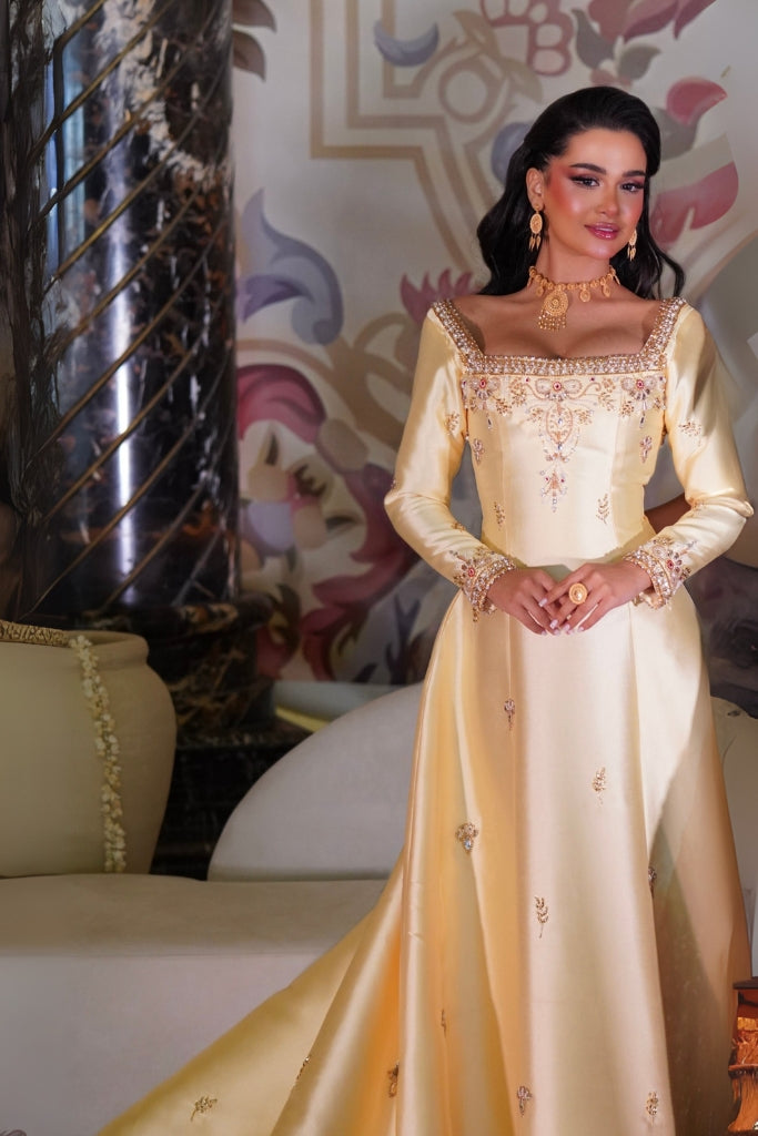 Light Yellow Embroidered Long-Sleeve Dress