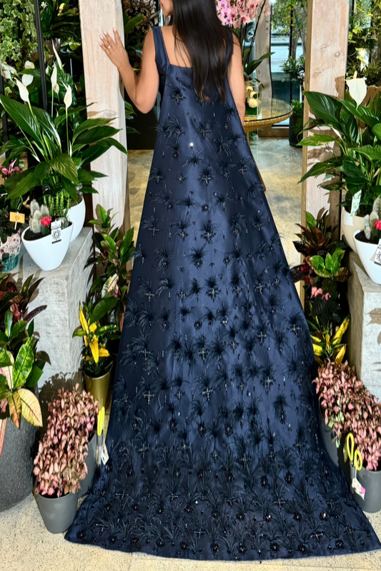 Black Dress Embellished with Feathers & Crystals on the Back