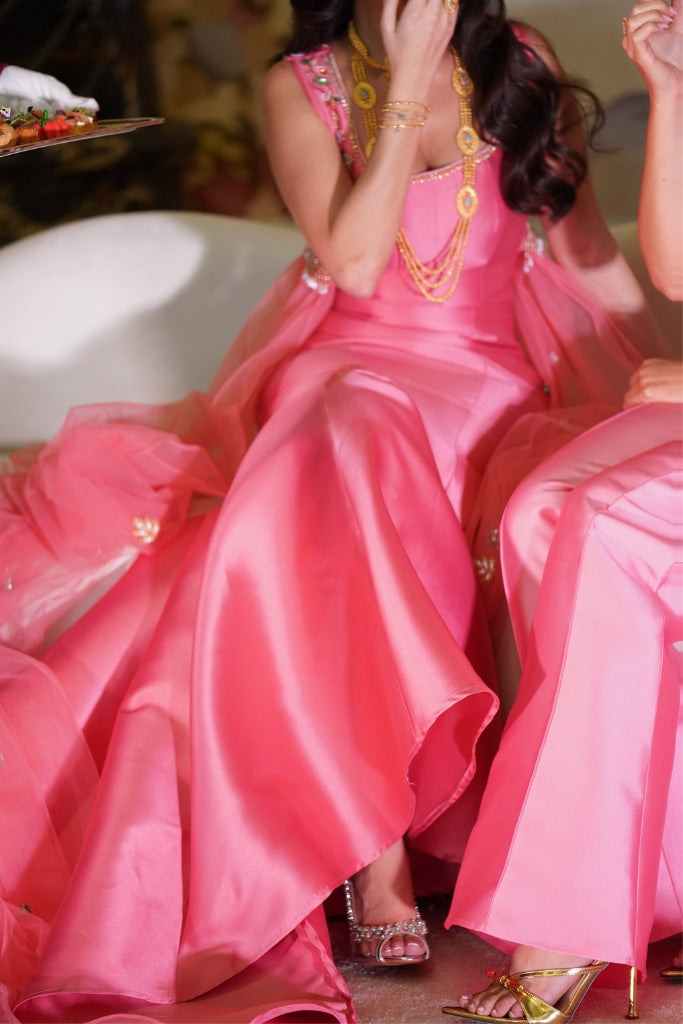 Pink Crystal Embroidered Dress with Flowing Tulle Back
