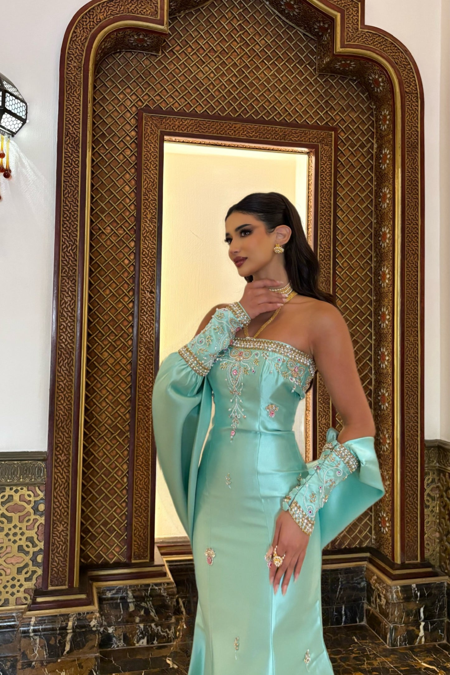 Turquoise Embroidered Dress with Separate Sleeves