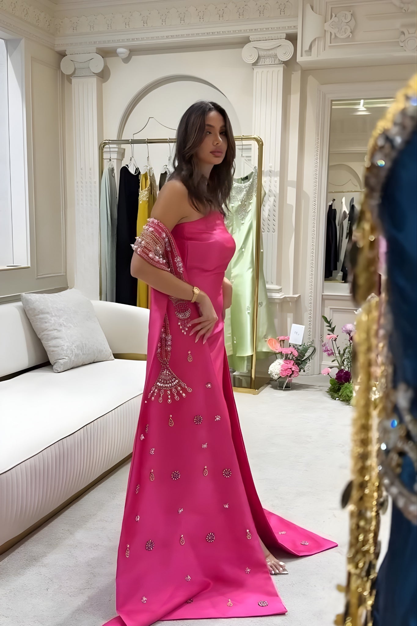 Luxury Sleeveless Pink Hand-Embroidered Gown