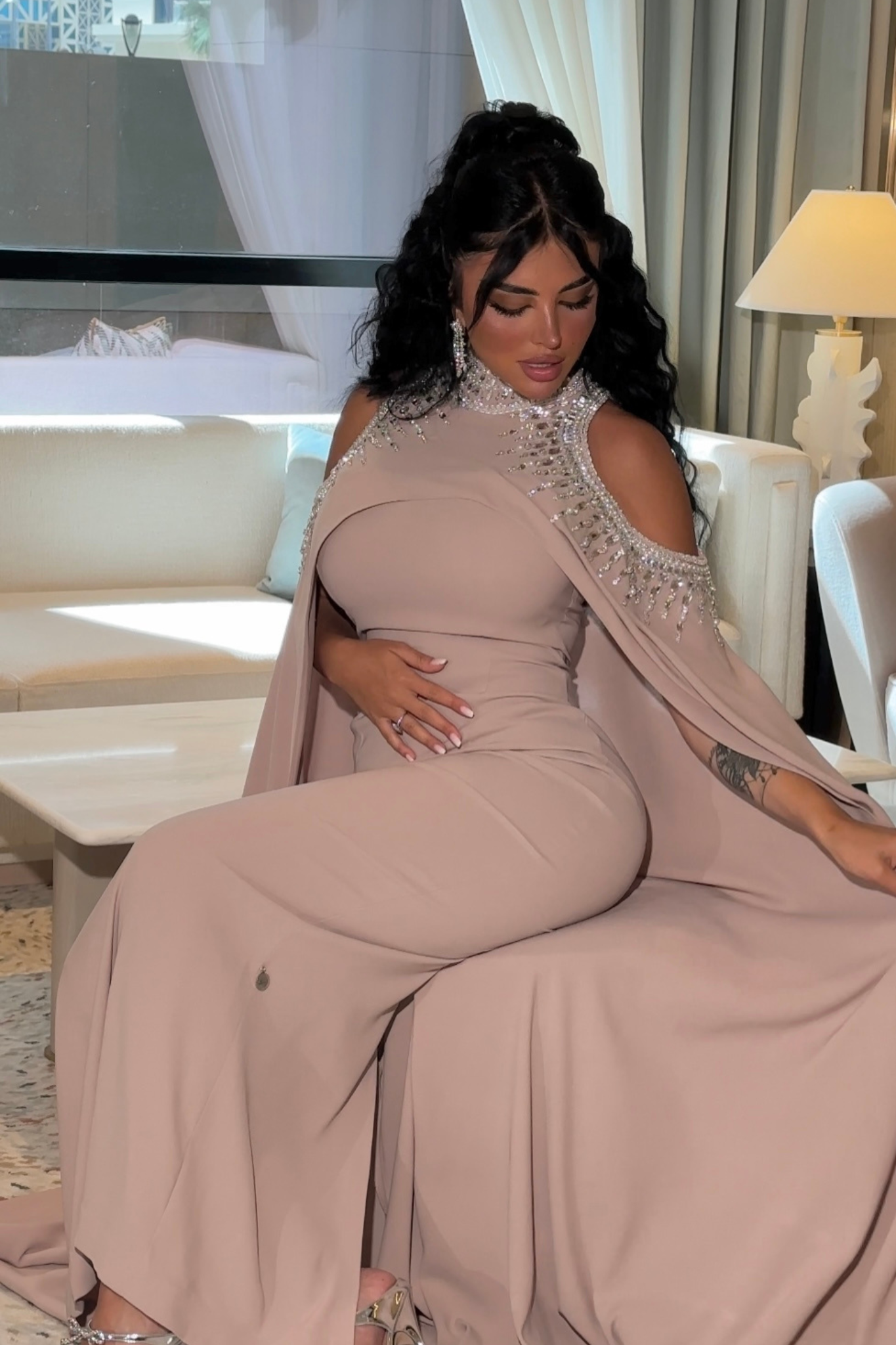 embellished beige dress Beige Pearl Embellished Scoop Neck Midi Dress