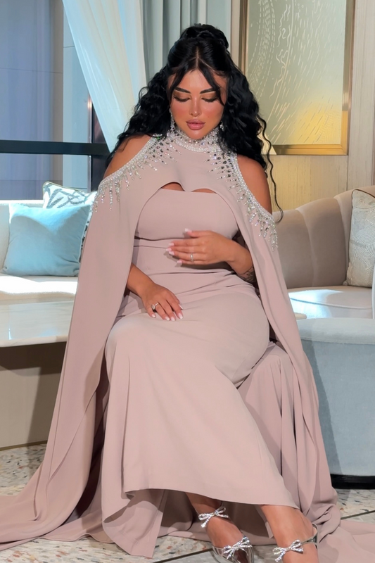 Beige Dress with Embellished Cape