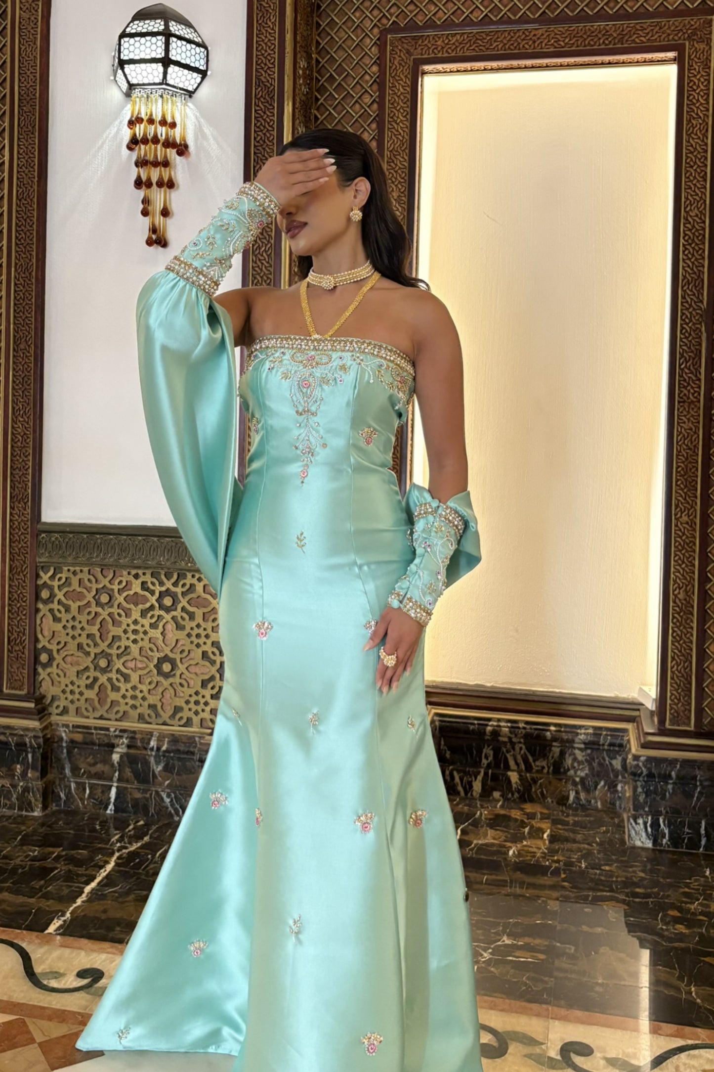 Turquoise Embroidered Dress with Separate Sleeves