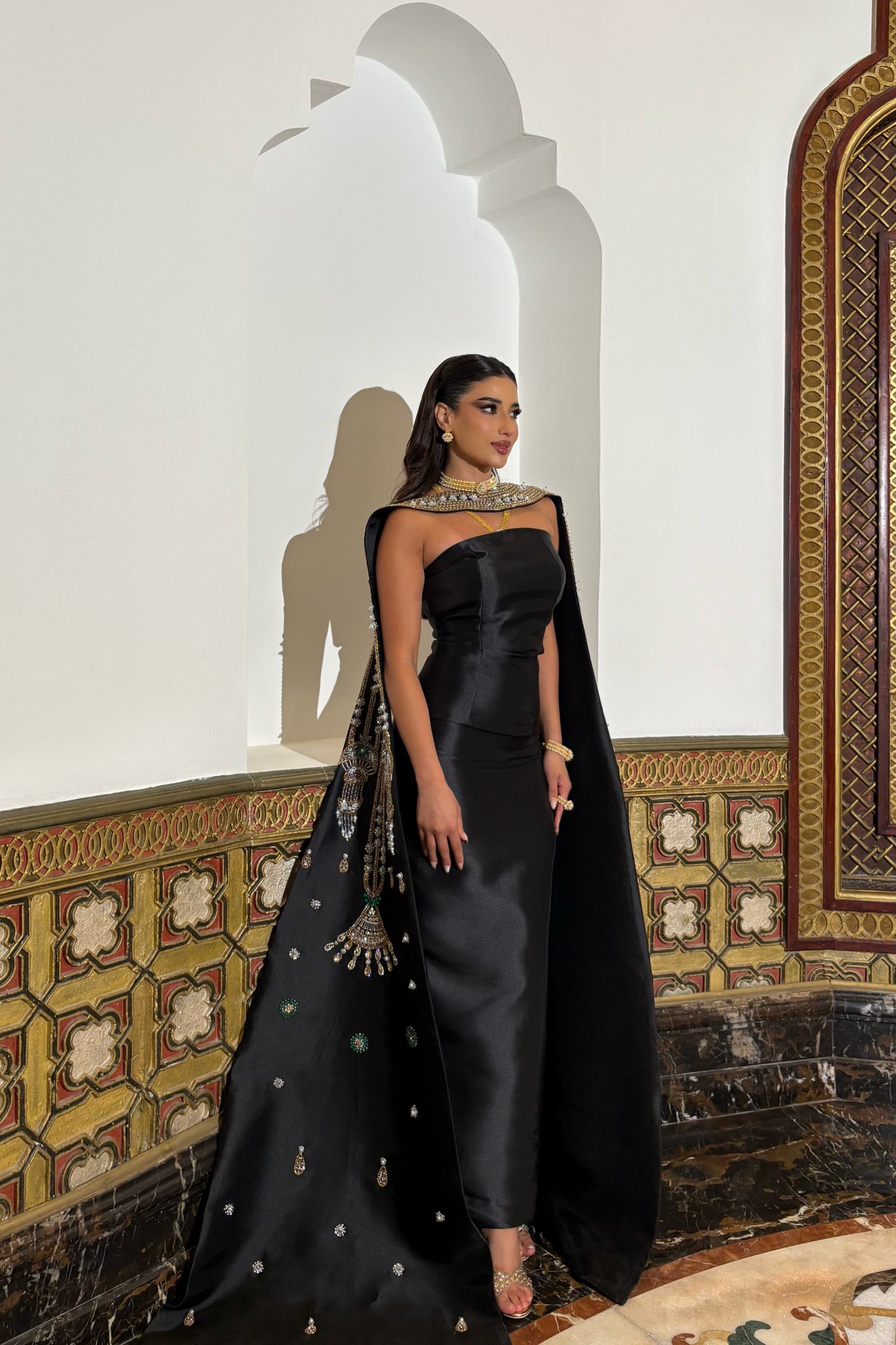 Black Gown Embroidered from Neckline to Train