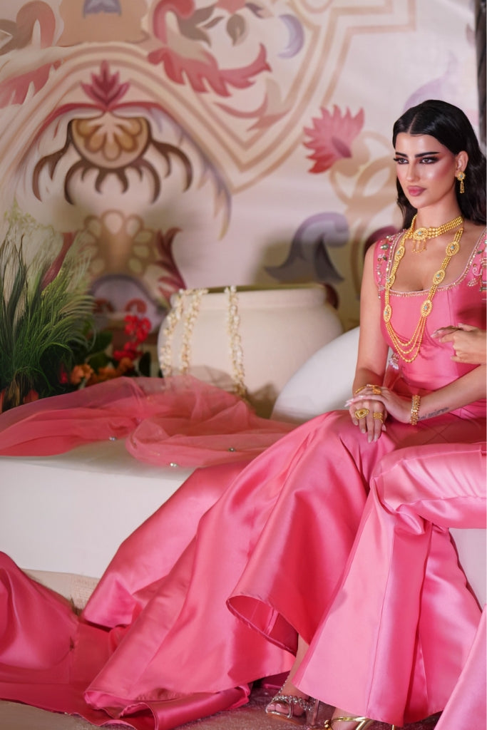 Pink Crystal Embroidered Dress with Flowing Tulle Back