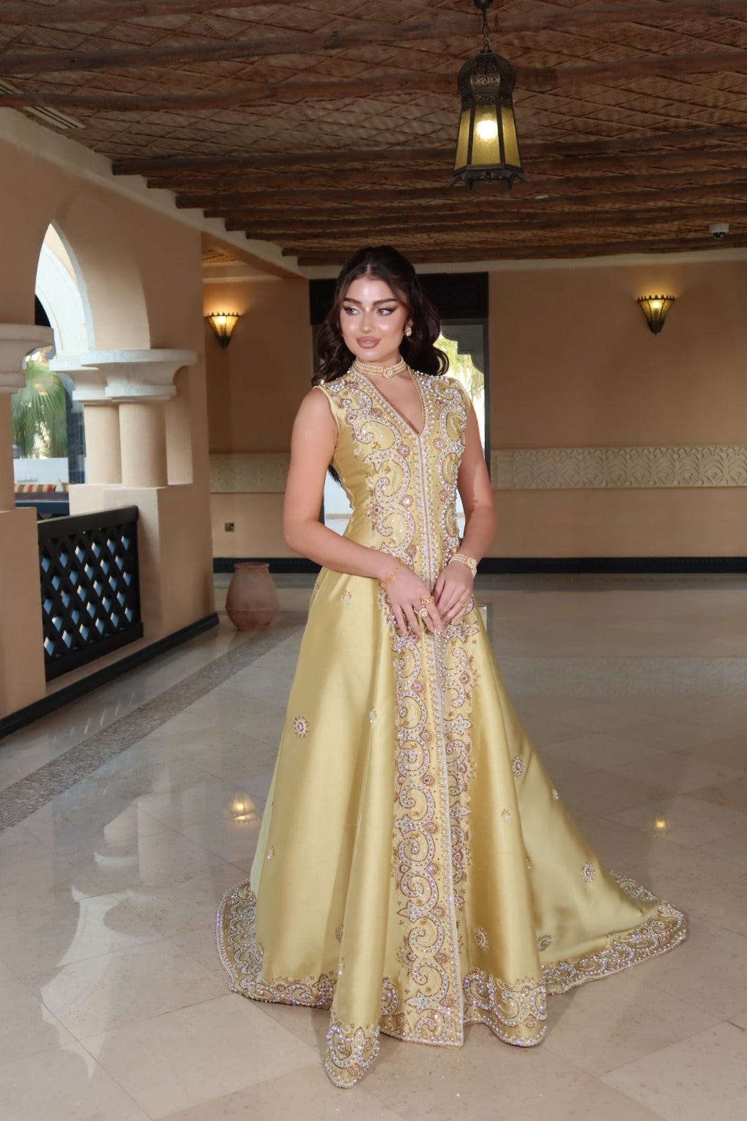 Luxury Gold Henna Dress in Mikado Fabric with Hand Embroidery