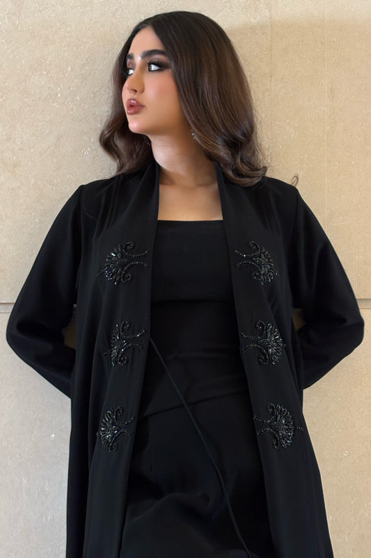 Black Crepe Abaya with Crystal Embroidery