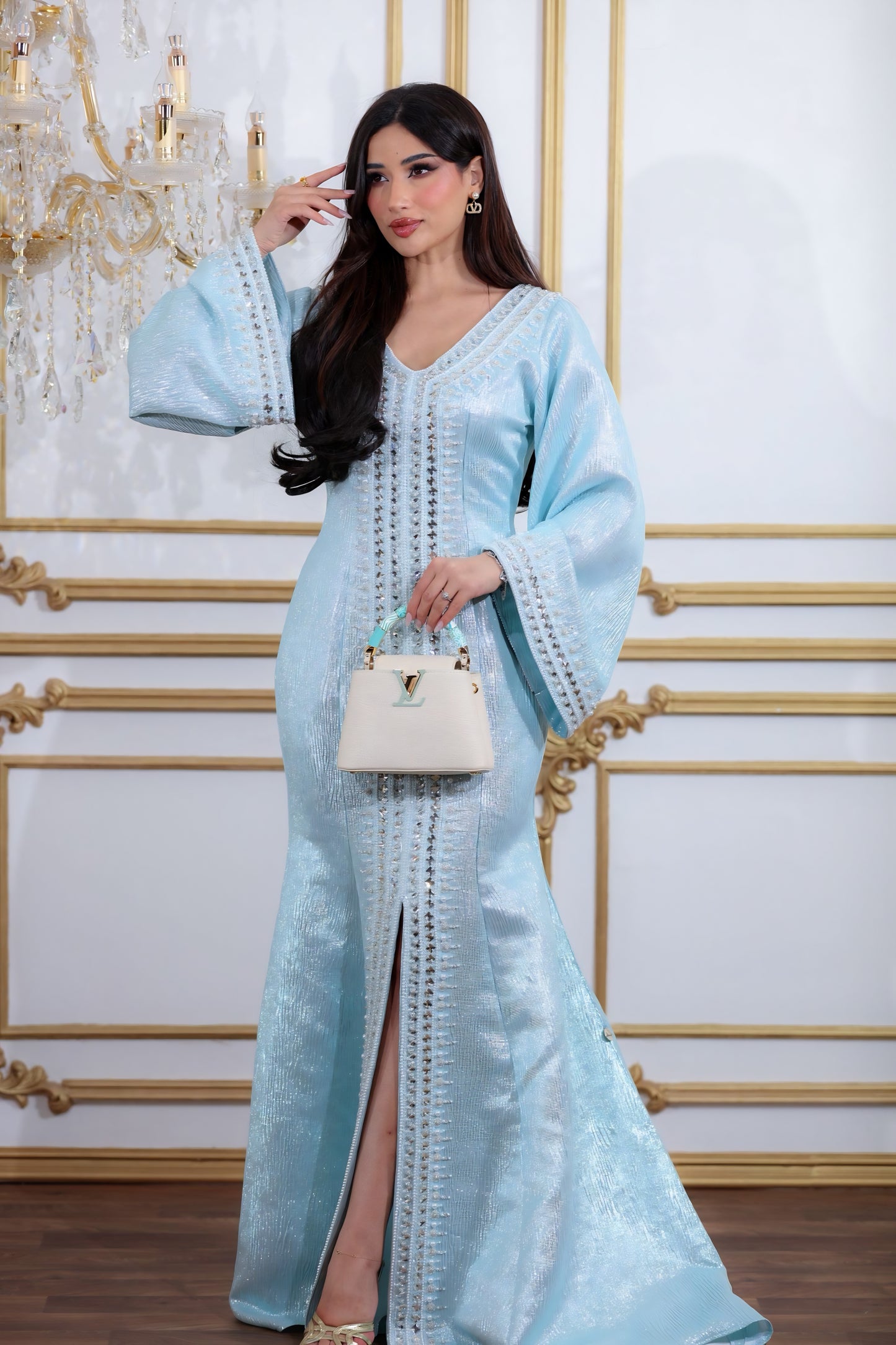 Luxury Sky Blue Crystal Embellished Kaftan