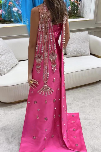 Luxury Sleeveless Pink Hand-Embroidered Gown