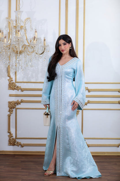 Luxury Sky Blue Crystal Embellished Kaftan