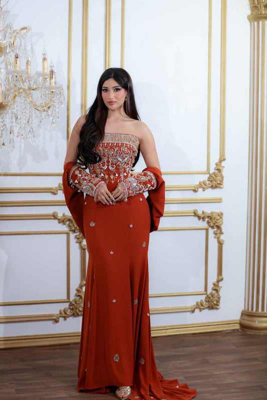 Luxury Dark Orange Crepe Gown with Hand Embroidery