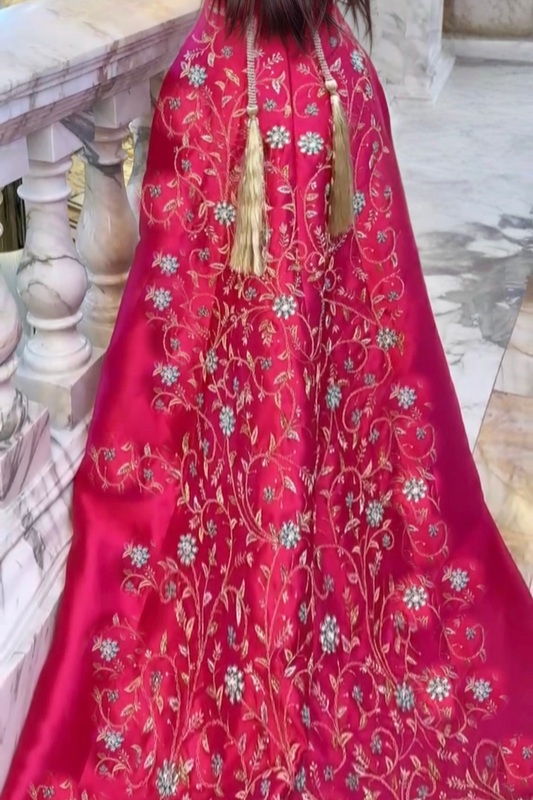 Embroidered Fuchsia Mikado Dress with Train