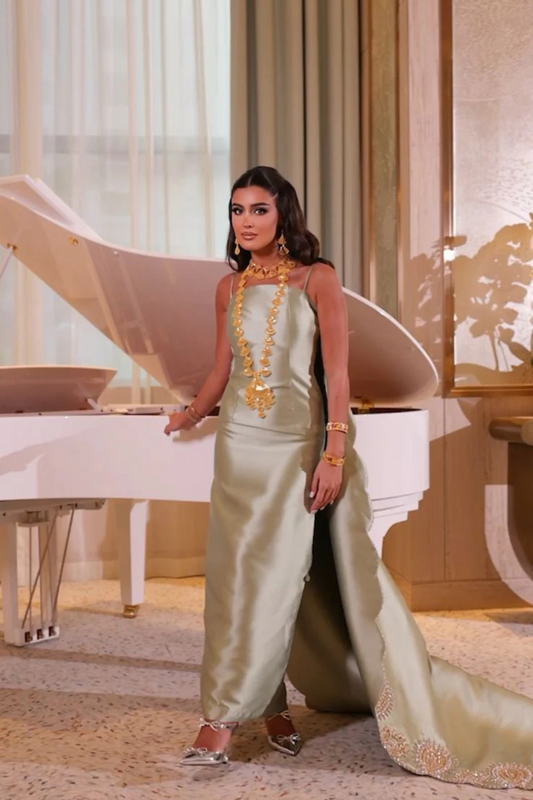 Olive Green Gown with Embroidered Train