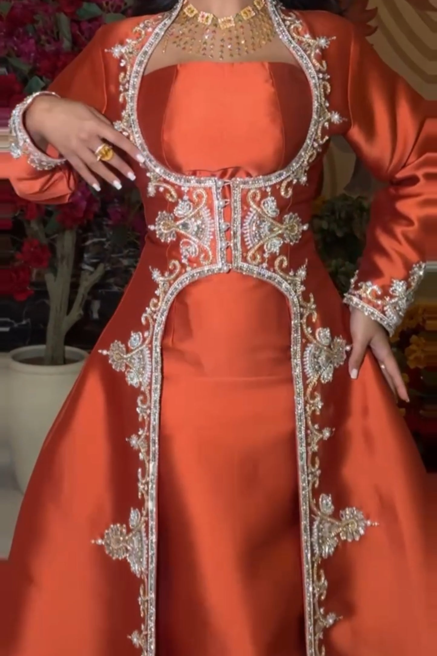 Elegant Hand-Embroidered Orange Dress