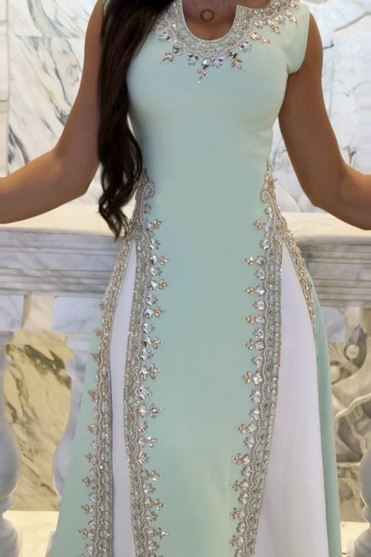 Light Lime Green Dress Hand-Embroidered with Golden Crystals