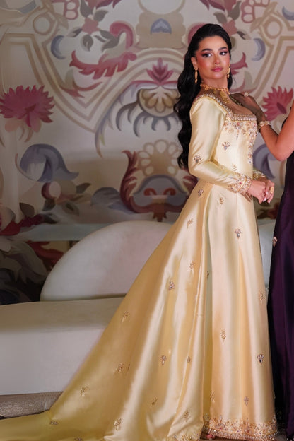 Light Yellow Embroidered Long-Sleeve Dress