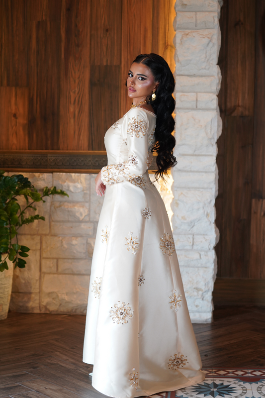 Off-White Gown with Golden Embroidery