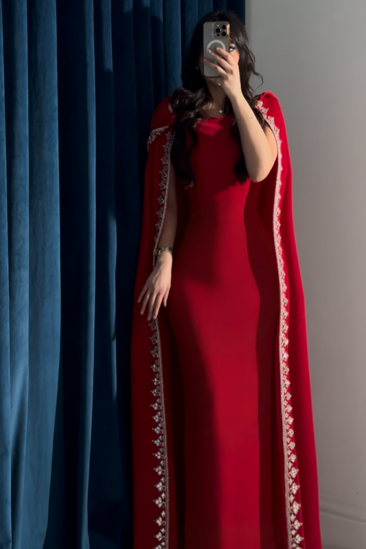 Red Dress with Embroidered Cape
