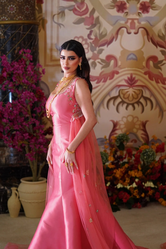 Pink Crystal Embroidered Dress with Flowing Tulle Back