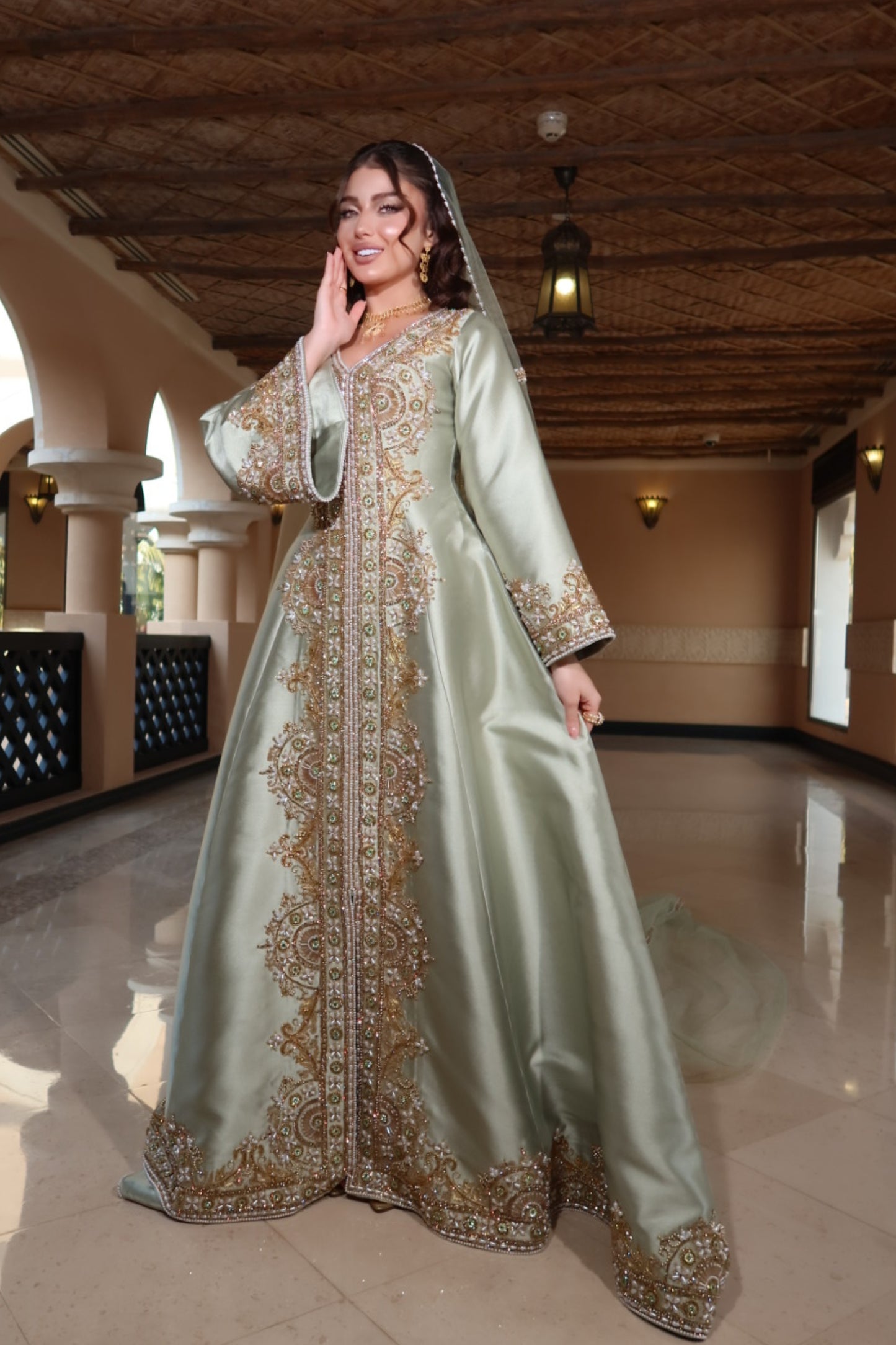 Light Olive Henna Dress with Embroidered Tulle Veil
