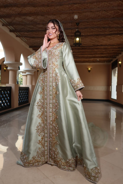 Light Olive Henna Dress with Embroidered Tulle Veil