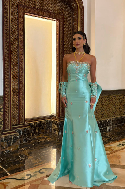 Turquoise Embroidered Dress with Separate Sleeves