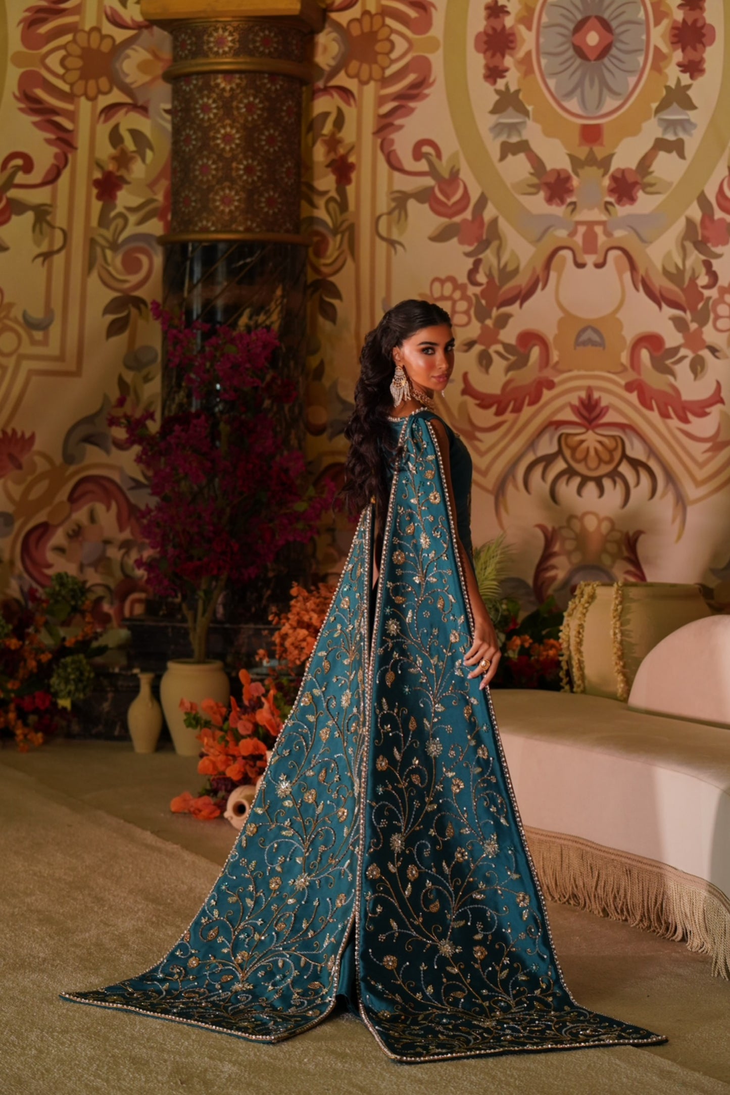 Luxury Blue Gown with Hand-Embroidered Train