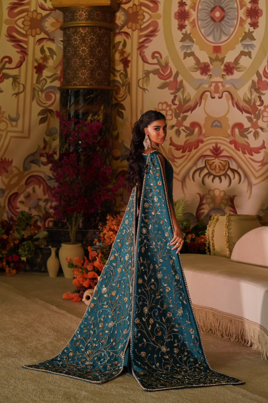 Luxury Blue Gown with Hand-Embroidered Train