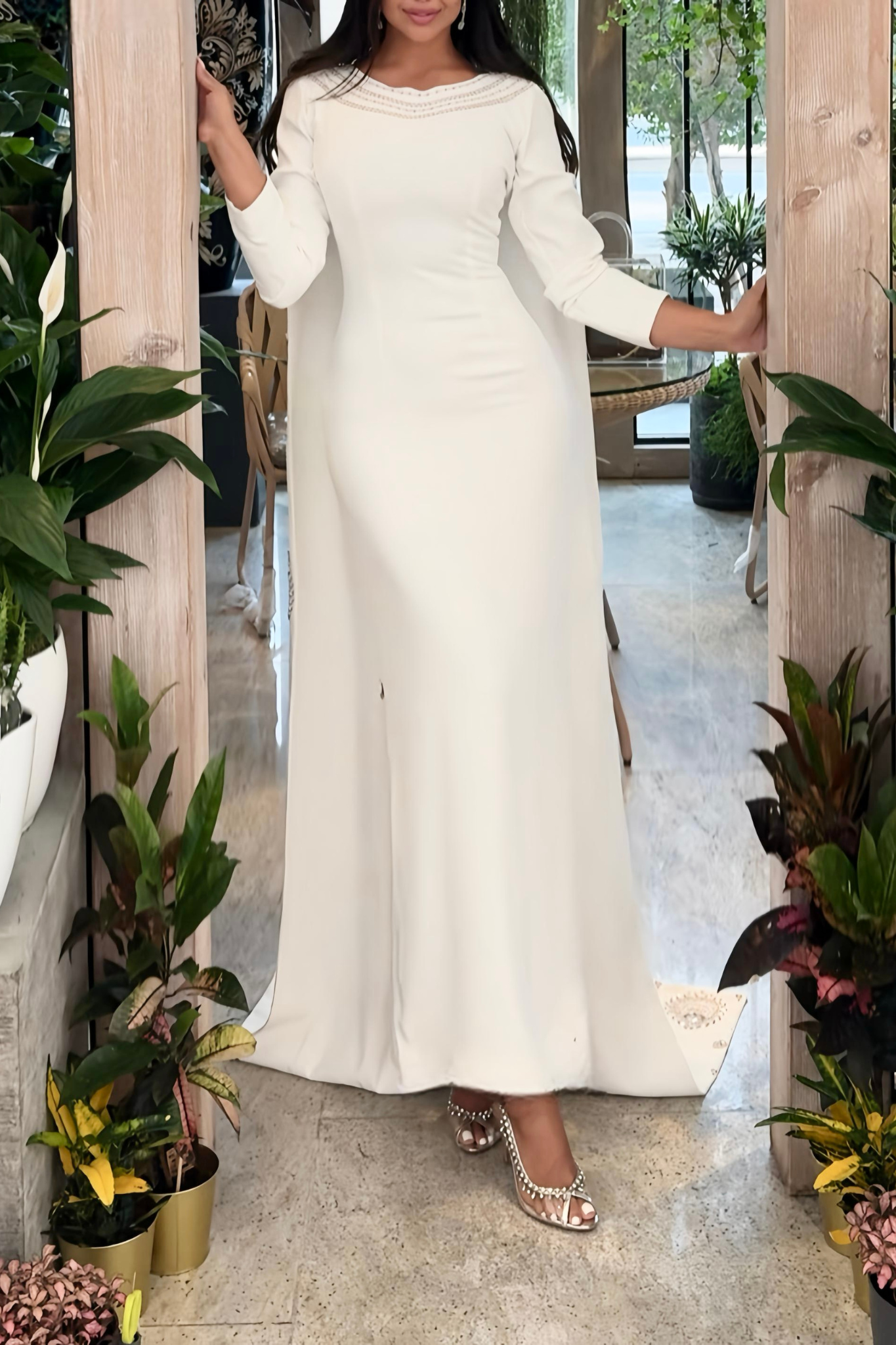 White Long-Sleeve Dress with Back Embroidery