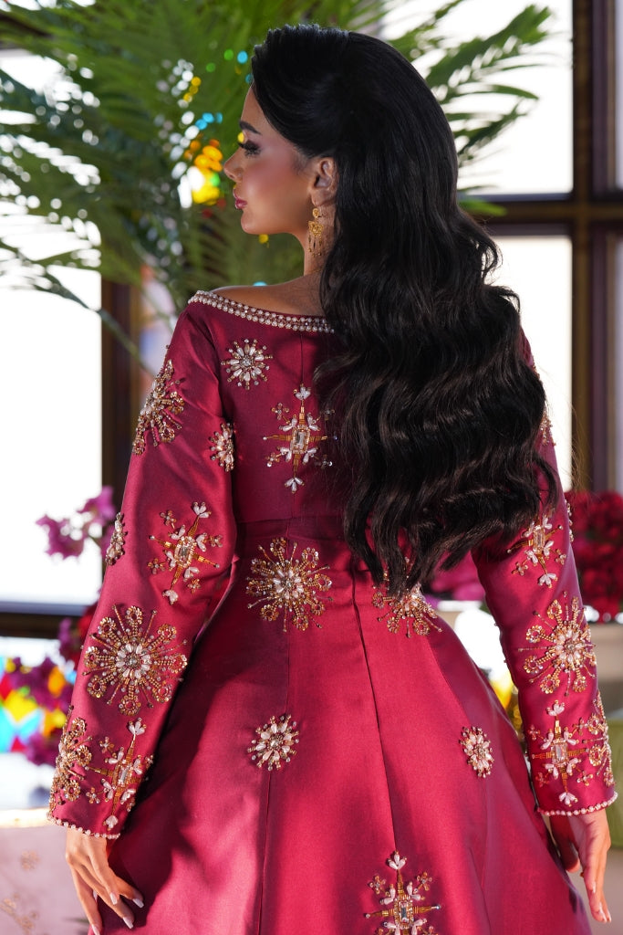 Burgundy Crystal-Embroidered Dress