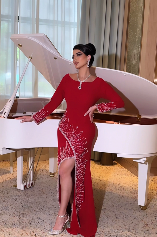 Embroidered Red Dress with Side Slit