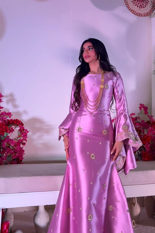 Pink Mikado Gown with Wide Sleeves