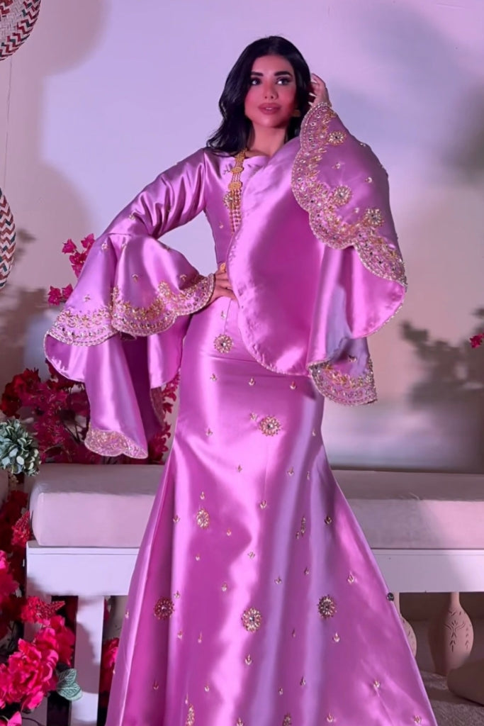 Pink Mikado Gown with Wide Sleeves