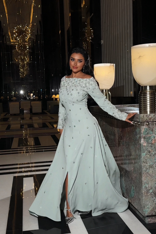 Sky Blue Embroidered Dress with Long Sleeves