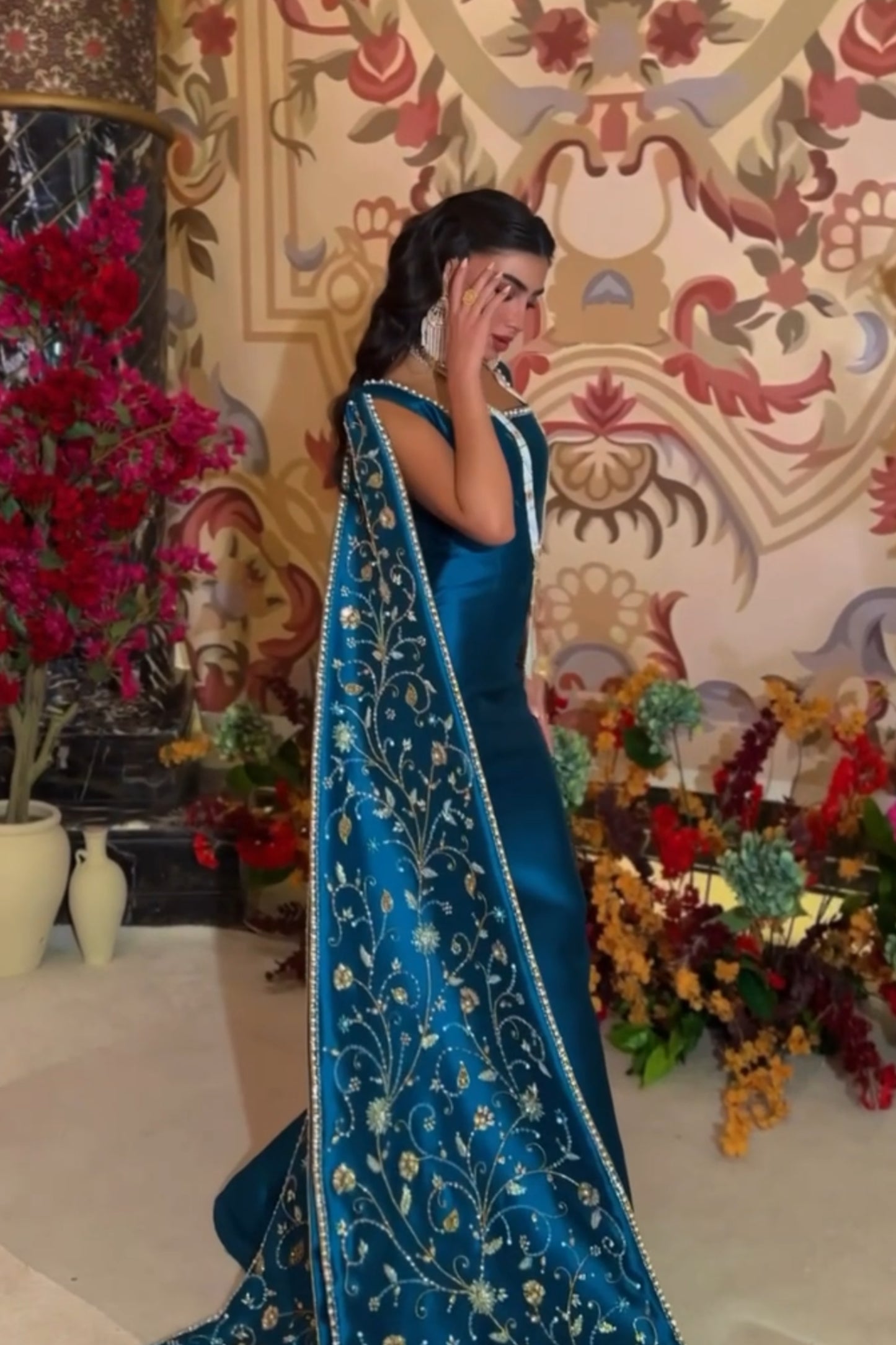 Luxury Blue Gown with Hand-Embroidered Train