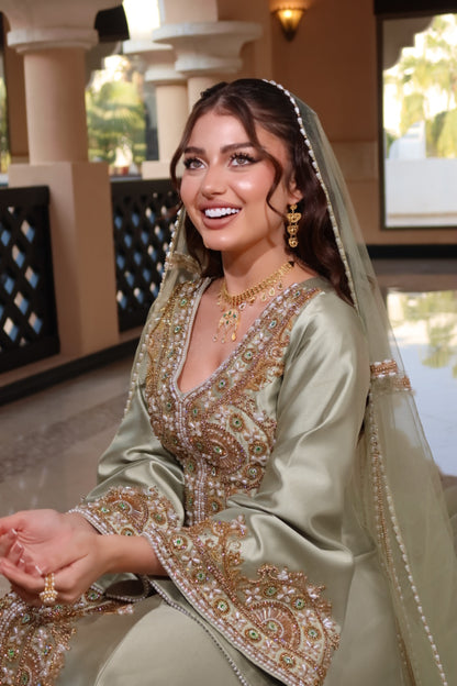 Light Olive Henna Dress with Embroidered Tulle Veil