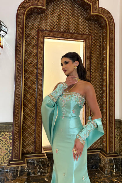 Turquoise Embroidered Dress with Separate Sleeves