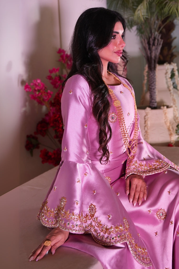 Pink Mikado Gown with Wide Sleeves