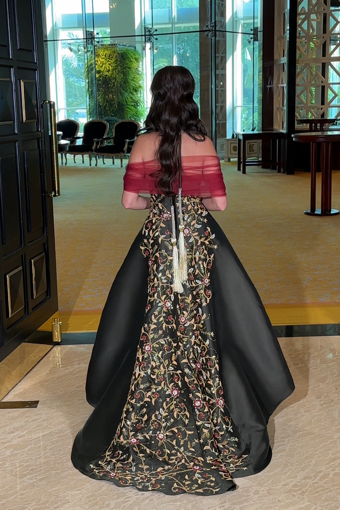 Black Dress with Burgundy Tulle – Al Mayth Boutiques