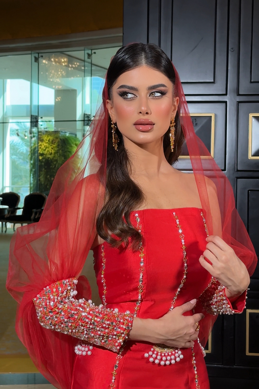 Red Dress with Tulle Sleeves