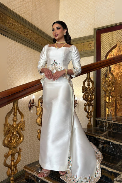 White Long-Sleeve Dress Embellished with Stones and Crystals