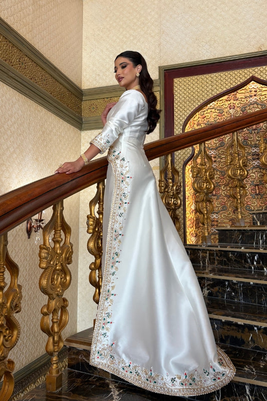 White Long-Sleeve Dress Embellished with Stones and Crystals