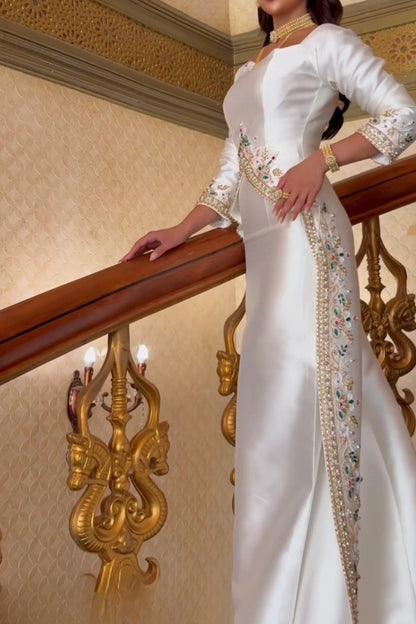 White Long-Sleeve Dress Embellished with Stones and Crystals