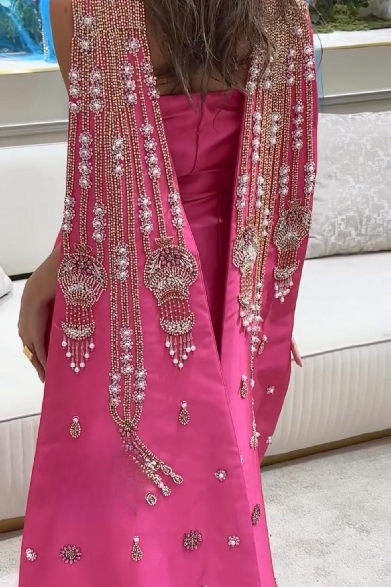 Luxury Sleeveless Pink Hand-Embroidered Gown